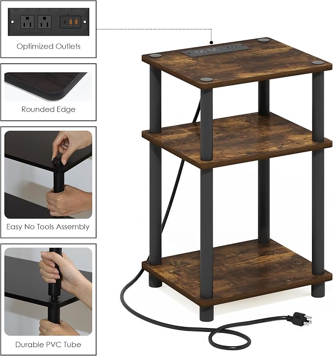 Furinno Just 3-Tier Turn-N-Tube USB and Type-C Charging Port End Table with Open Storage, 11.42 (W) x 8.82 (H) x 6.77 (D) inches, Amber Pine/Black