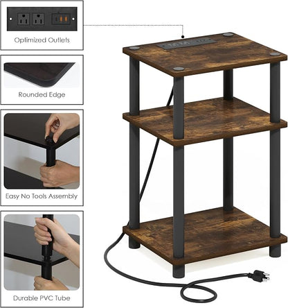 Furinno Just 3-Tier Turn-N-Tube USB and Type-C Charging Port End Table with Open Storage, 11.42 (W) x 8.82 (H) x 6.77 (D) inches, Amber Pine/Black