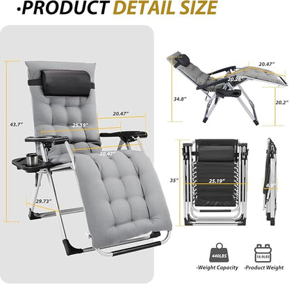 Alpen Premium Outdoor Chaise Lounge Chairs, Zero Gravity Chair with Removable Cushion and Headrest, Lawn Chair with Cup Holder for Reading and Camping, Grey