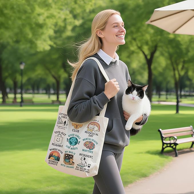 itgowisa Canvas Tote Bag for Women, Tote Bag with Zipper Inner Pocket, Zippered Canvas Bag for Shopping Work Grocery Everyday