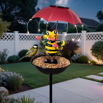 Solar Bird Feeder Garden Decor, Outdoor Bee Solar Lights with Umbrella, Hummingbird Feeder Decorative Path Lights Yard Art Ornament Bird Feeder (bee)