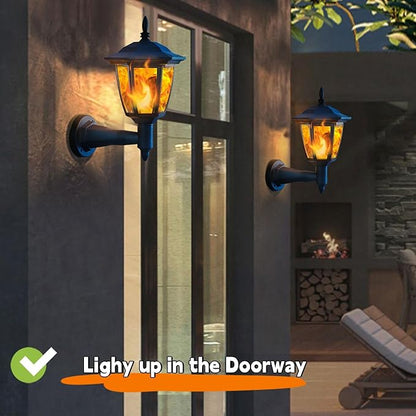 Dynaming 4 Pack Solar Flame Wall Lanterns Outdoor, Solar Powered Wall Mounted Sconce Lights, Flickering Flame LED Lights Auto On/Off Wall Hanging Lights, Waterproof for Garage Stair Patio Porch Yard