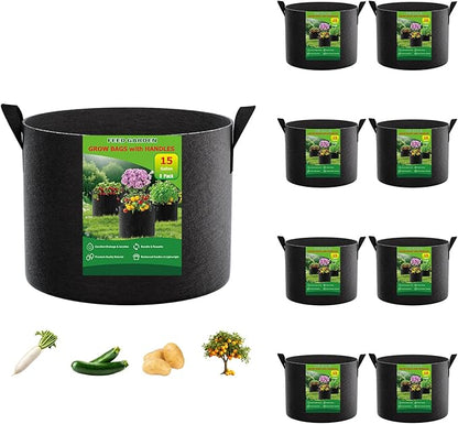 FEED GARDEN 15 Gallon Grow Bags 8 Pack – Heavy Duty 300G Thick Fabric Plant Pots with Reinforced Handles, Breathable Drainage Planters for Tomatoes, Potatoes & Large Vegetables Indoor Outdoor