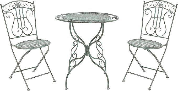 SAFAVIEH Outdoor Collection Semly Victorian Antique Dark Green Wrought Iron 3-Piece Bistro Set