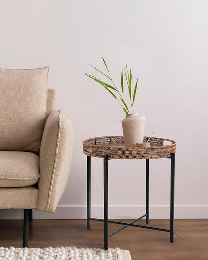 19in Round Rattan Side Table with Wooden Tray，Small Round Wicker Wooden End Table，Rattan End Table for Indoor Use, Living Room, Bedroom, Office, Balcony-Brown