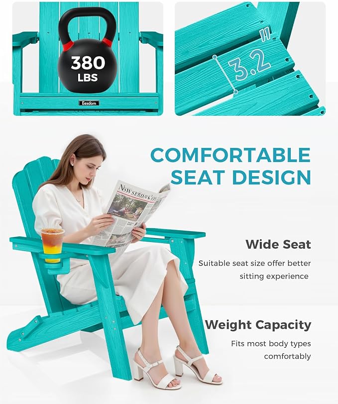Adirondack Chairs Set of 4, Foldable Adirondack Chairs with 2 Cup Holder, Wood Texture HDPE Fire Pit Chairs, Outdoor Lawn Chair for Patio Garden, Lake Blue