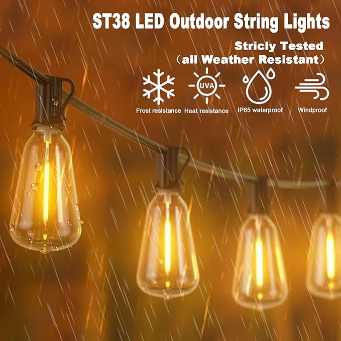 60FT LED String Lights with Remote, ST38 Dimmable Globe for Patio, 27 Edison Vintage Shatterproof Bulbs, Waterproof Backyard Lights for Bistro, Porch