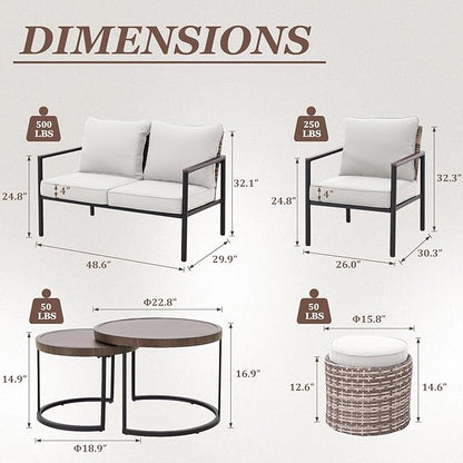 COOS BAY Sand Dune 5 Piece Wicker Patio Furniture Set, Rattan Outdoor Furniture with Nesting Tables, Chairs, Loveseat, Coffee Tables, and Ottoman, Brown/Beige