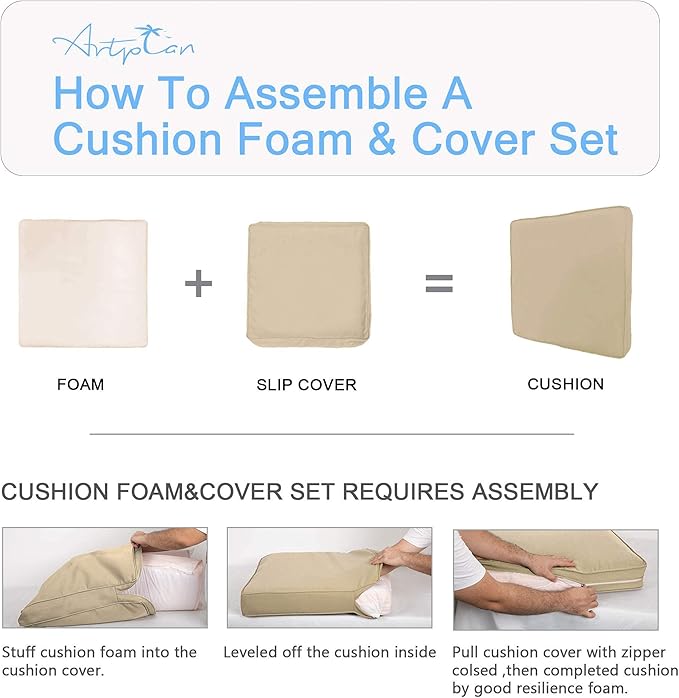 ARTPLAN Outdoor Deep Seating Cushions with Backrest Set, All-Weather Waterproof Patio Sofa Cushions for Sectionals, High-Resilience Foam Garden Furniture Cushion Cover,Beige