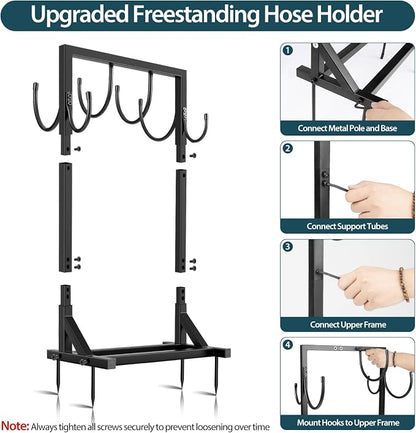 Garden Hose Holder Stand, BOLITE Heavy Duty Metal Hose Hanger, Holds 150ft | Freestanding & Detachable Water Hose Holder for Outside, 4 Spikes & 2 Tool Hooks, Storage Rack for Outside Yard Lawn Farm
