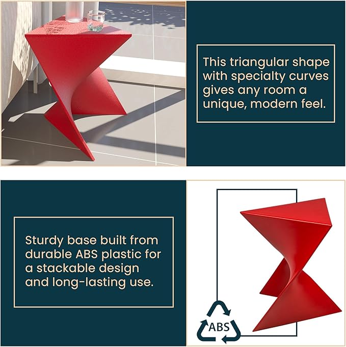 LeisureMod 15.75" Stackable Weather-Resistant Plastic Triangular Side Table - Accent End Table for Indoor & Outdoor Use (Red, Single)