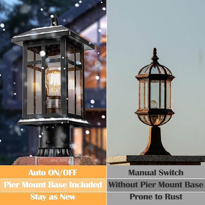 2 Packs Outdoor Post Light, Black Pole Lantern Lighting Fixture with Pier Mount Base, Exterior Lamp Post Lantern with Glass for Garden Yard Patio Path