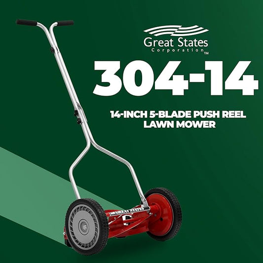 Great States 304-14 14-Inch 5-Blade Push Reel Lawn Mower, Red