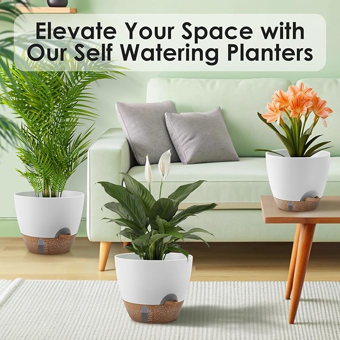QRRICA 12/10/9 Inch Self-Watering Plant Pots with Water Level Indicator, Drainage Holes & Saucers – Large Plastic Planter Set for Indoor & Outdoor Plants (White)