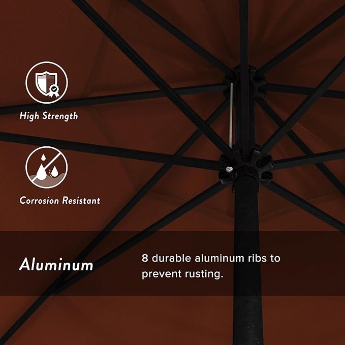 California Umbrella 9' Rd Aluminum Patio Umbrella, Crank Lift, Auto Tilt, Black Finish, 4yr Fade Warranty, Brick
