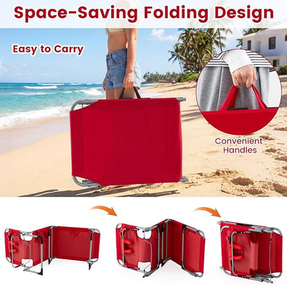 COSTWAY Tanning Chair with Face Hole, Folding Beach Lounge Chair with 4-Position Adjustable Backrest, Pillow & Side Pocket, Foldable Chaise Lounge Chair Outdoor for Sunbathing, Camping (2, Red)