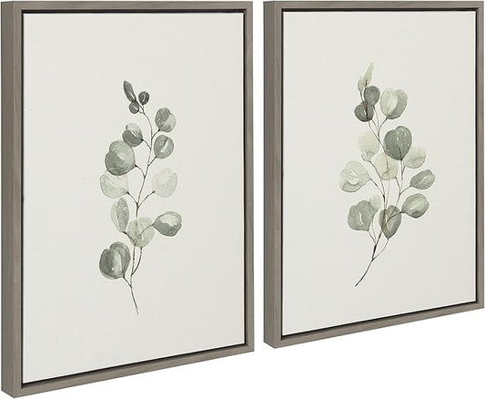 Kate and Laurel Sylvie Eucalyptus 4a & Eucalyptus 4b Framed Canvas Wall Art Set by Maja Mitrovic of Makes My Day Happy; 2 Piece 18x24 Gray; Farmhouse Plant Art Wall Décor