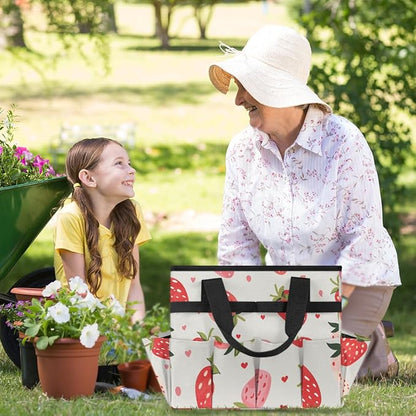 Strawberries Gardening Tool Bag,Heavy Duty Garden Tote Bag,Portable Oxford Gardening Storage Basket Organizer Handbag with Pockets Handle,Hand Tools Gifts for Outdoor Garden Lawn Yard