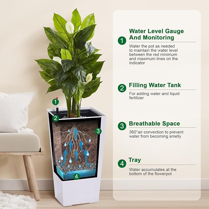 2 Pack Tall Self-Watering Planter Pots with Water Level Indicator, 12"l x 12"w x 22.5"h, Modern Flower Pots with Inner Bucket Handles and Water Injection Port for Indoor Outdoor Plants, White