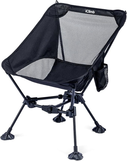 iClimb Ultralight Compact Camping Folding Beach Chair with Anti-Sinking Large Feet and Back Support Webbing (Black - Triangular Frame - 2PC)