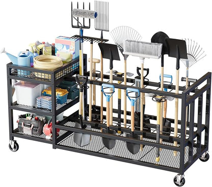 HavenlyYouth Garden Tool Organizer with Wheels-Movable Garden Tool Rack with Storage Hooks for Long-Handled Tools/Rakes/Brooms/Shovels,Heavy Duty Metal Garden Tool Storage for Garage,Shed,Garden,Black