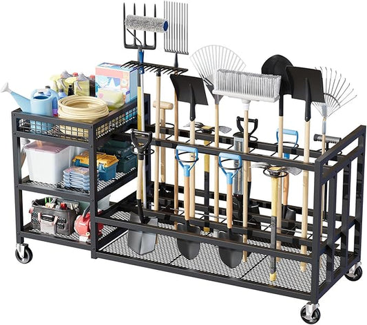 HavenlyYouth Garden Tool Organizer with Wheels-Movable Garden Tool Rack with Storage Hooks for Long-Handled Tools/Rakes/Brooms/Shovels,Heavy Duty Metal Garden Tool Storage for Garage,Shed,Garden,Black