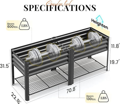 KING BIRD Large Raised Garden Bed with Legs & Storage Shelf Galvanized Elevated Planter Box for Backyard, Patio, Balcony, 600lb Capacity, Dark Grey 70.9x22.8x31.5 in