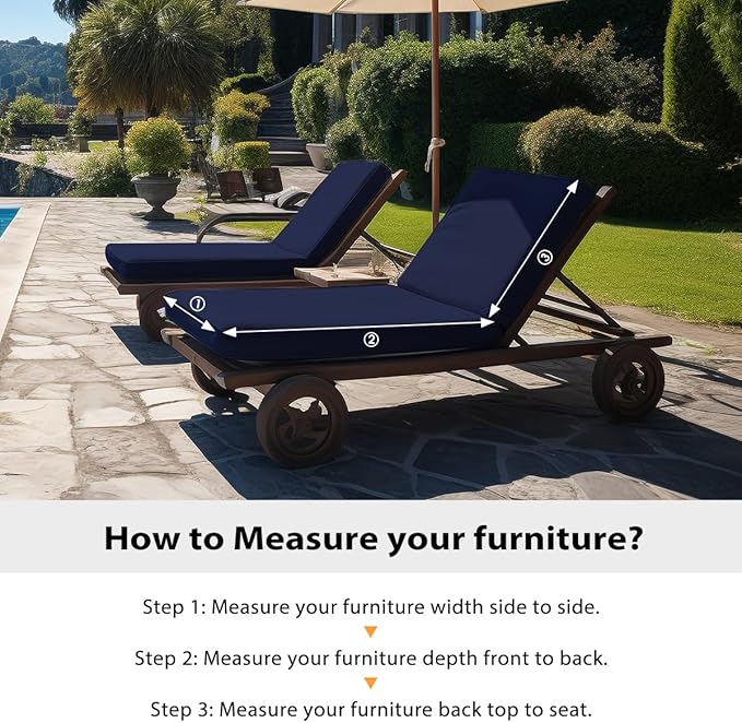 Sundale Outdoor Olefin Chaise Lounge Cushion Set of 2, Water-Resistant Patio Lounge Chair Cushion, Thick Lounger Pad with 4 Straps Navy Blue, 72 x 21 x 4 Inches