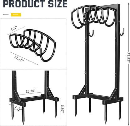 Kesfitt Garden Hose Holder Stand with 4 Spikes & 2 Tool Hooks, Detachable Heavy Duty Metal Freestanding Hose Reel Outdoor Organizer for Lawn Yard Water Storage Rack