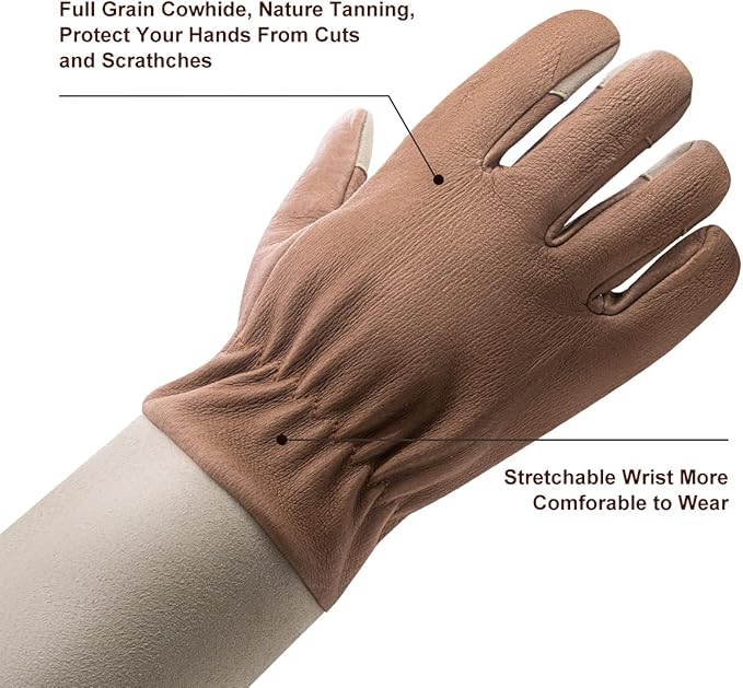 HLDD HANDLANDY Long Gardening Gloves for Women Men - Leather Rose Pruning Gloves Thorn Proof - Breathable Working Glove