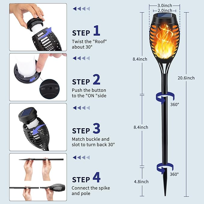 KYEKIO Solar Torch Light with Flickering Flame, 12Pack Solar Lights Outdoor, Solar Garden Lights Outdoor Waterproof, Luces Solares para Exteriores, Outside Lighting for Pathway Yard Patio Decorations