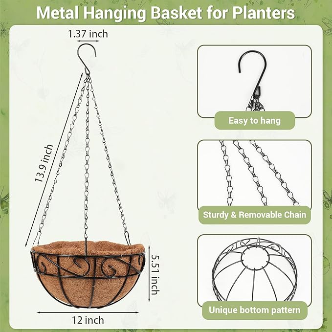2 Pack 12 inch Metal Hanging Baskets for Plants Outdoor, Hanging Planters Basket with Coco Liners, Hanging Baskets Flower Pots for Garden, Patio, Deck, Porch Plants