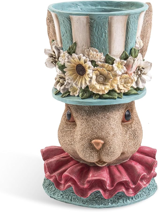 Easter Bunny Vase for Flowers, 11.2"H Resin Blue Cute Decorative Rabbit Head Statue Table Centerpiece Mantel Desk Top Home Decorations Indoor, Spring Planters for Outdoor Plants, Garden Decor