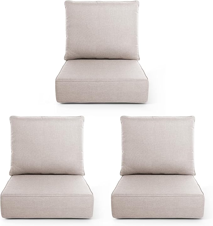 Outdoor Chair Cushions, 6 Inch Thick Patio Seat & Back Cushions Set with Removable Cover, Waterproof Patio Cushions for Outdoor Furniture, 22 x 24 Inch, Beige 3-Set