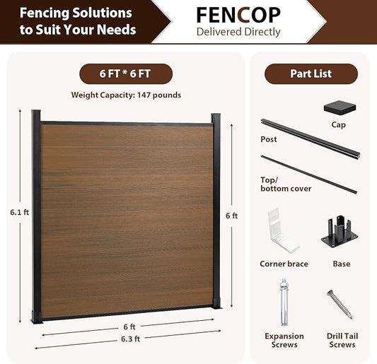 6ft x 6ft Outdoor Privacy Fence, Tall Wind Resistant Covering, Wood Plastic Composite Panel with 2 Posts for Yard, Backyard, Garden and Swimming Pool