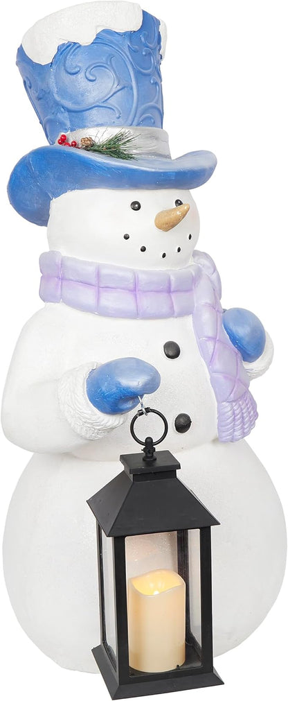 Alpine Corporation SKY562L-TM Lavender Winter Snowman Holding Lantern Statue with Warm White Flashing LED Candle, 3 Feet Tall, Indoor/Outdoor Holiday Decoration