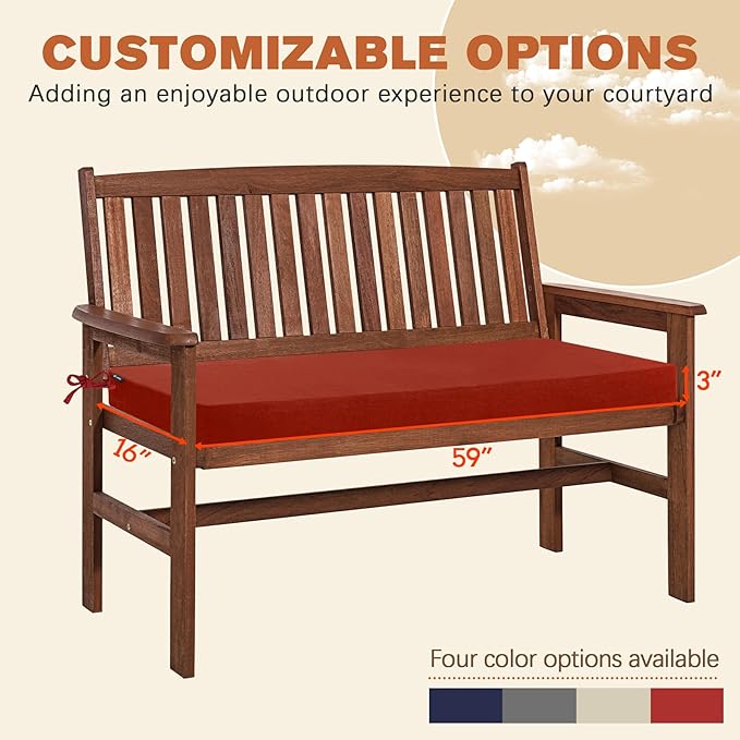 Favoyard Outdoor Bench Cushion 59 x 16 Inch Rainproof Patio Furniture Cushions 3-Year Color Fastness Garden Settee Porch Pads with Ties, Red
