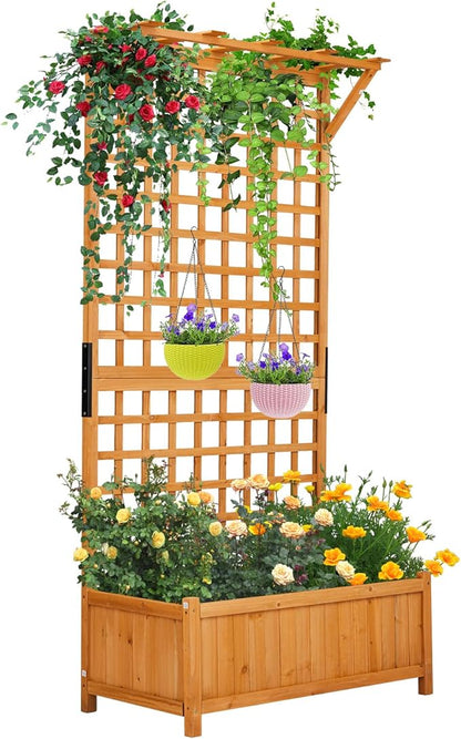 Outvita 72" H Outdoor Raised Garden Bed with Trellis & Roof, Wood Planter Box Equipped with Drainage for Vine Climbing Plants and Flowers Herbs in Balcony, Garden, Patio(Orange)