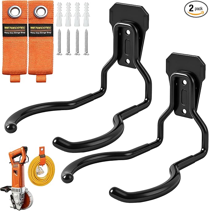 Heavy Duty Garden Power Tool Hanger, Garage Storage Utility Hooks with Storage Straps, Electric Tool Hooks, String Trimmer Hangers, Garden Tool Organizer, Weedeater Rack (2, Black)