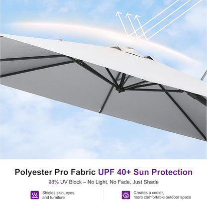 PURPLE LEAF 10' X 6.5' Swivel Outdoor Patio Aluminum Umbrella with Base Left-right Tilting Cantilever Offset Umbrella with UV Resistant Heavy Duty Fabric for Deck Pool Patio Backyard, Pebble Grey