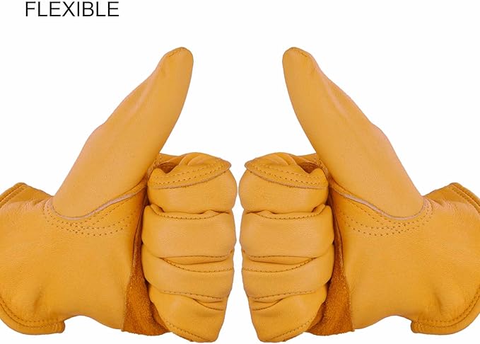 OZERO Leather Work Gloves for Men, Cowhide Gardening Gloves with Reinforced Palm, Flexible Keystone Thumb, Elastic Wrist