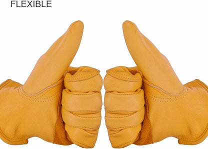 OZERO Leather Work Gloves for Men, Cowhide Gardening Gloves with Reinforced Palm, Flexible Keystone Thumb, Elastic Wrist