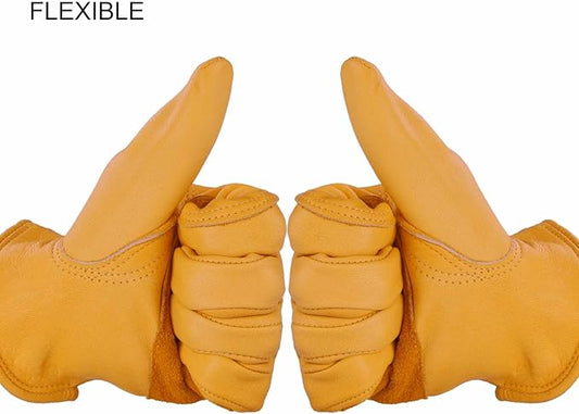 OZERO Leather Work Gloves for Men, Cowhide Gardening Gloves with Reinforced Palm, Flexible Keystone Thumb, Elastic Wrist