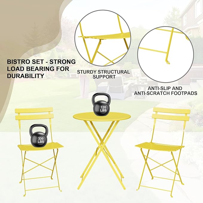 3-Piece Folding Bistro Set, Outdoor Patio Furniture Set with 2 Chairs & 1 Table, Space-Saving Foldable Balcony Garden Set with Heavy-Duty Powder-Coated Steel Frame, No Assembly Required, Yellow