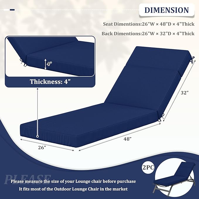 2 Pcs Chaise Lounge Cushions Outdoor, 80" L X 26" W X 4" D Lounge Chair Cushions for Outdoor Furniture, High-Density Foam Patio Chaise Cushion-Waterproof Fade-Resistant ThickPatio lounge chair cushion