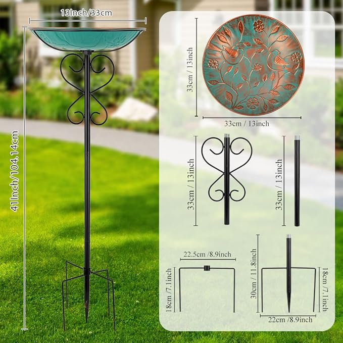 Metal Outdoor Bird Bath,Standing BirdBath & Bird Feeder with Stake Cast Iron Bird Baths Bowl for Outside Garden Patio Yard Lawn Decor