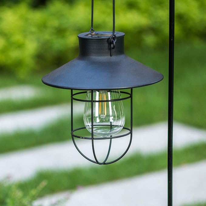 2 Pack EKQ Hanging Solar Lights Lantern Lamp with Shepherd Hook, Metal Waterproof Edison Bulb Lights for Garden Outdoor Pathway (Black)