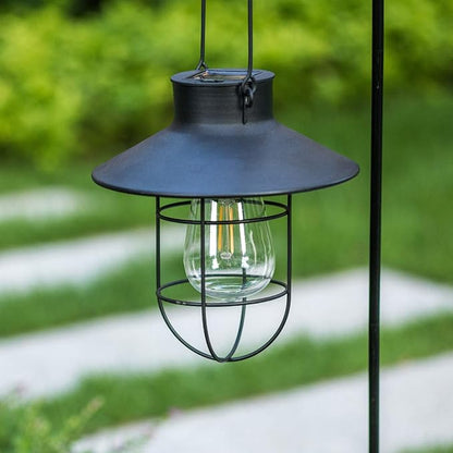 2 Pack EKQ Hanging Solar Lights Lantern Lamp with Shepherd Hook, Metal Waterproof Edison Bulb Lights for Garden Outdoor Pathway (Black)