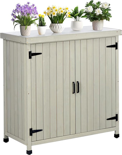 Outdoor Potting Bench with Metal Work Top,Waterproof Garden Storage Cabinet,Wooden Tool Station Shed for Backyard,Patio,Lawn Gardening