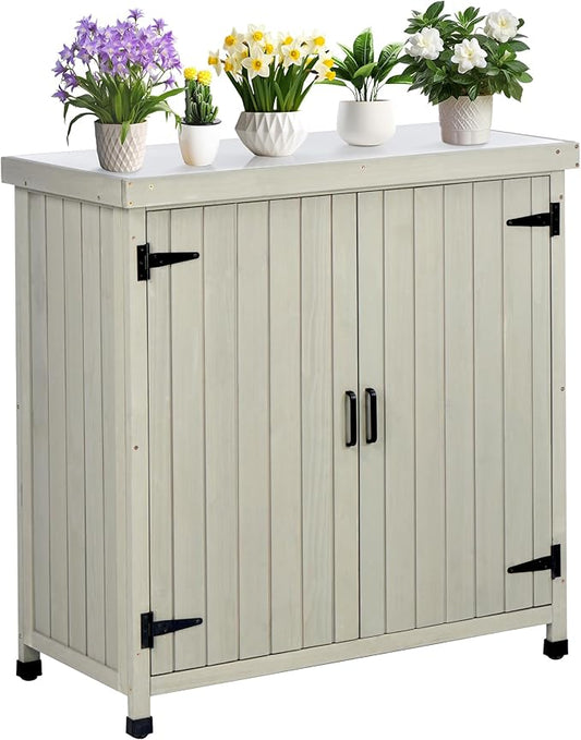 Outdoor Potting Bench with Metal Work Top,Waterproof Garden Storage Cabinet,Wooden Tool Station Shed for Backyard,Patio,Lawn Gardening